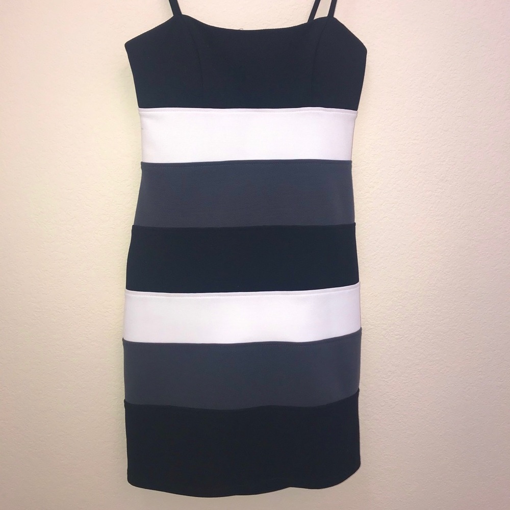 Black, white, gray striped mini dress